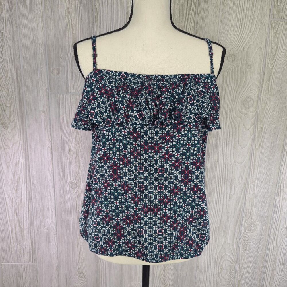Roxy Mosaic Tile Print Ruffle Cami Top Size XL Blue and Red Removeable Straps